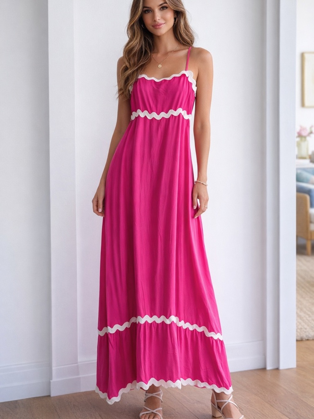 Hot Pink Maxi Dress with White Ruffle Trim